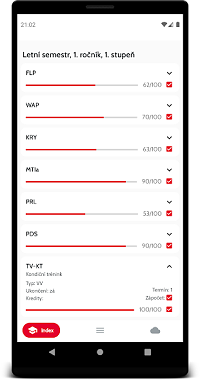 VUT Index hlavní obrazovka